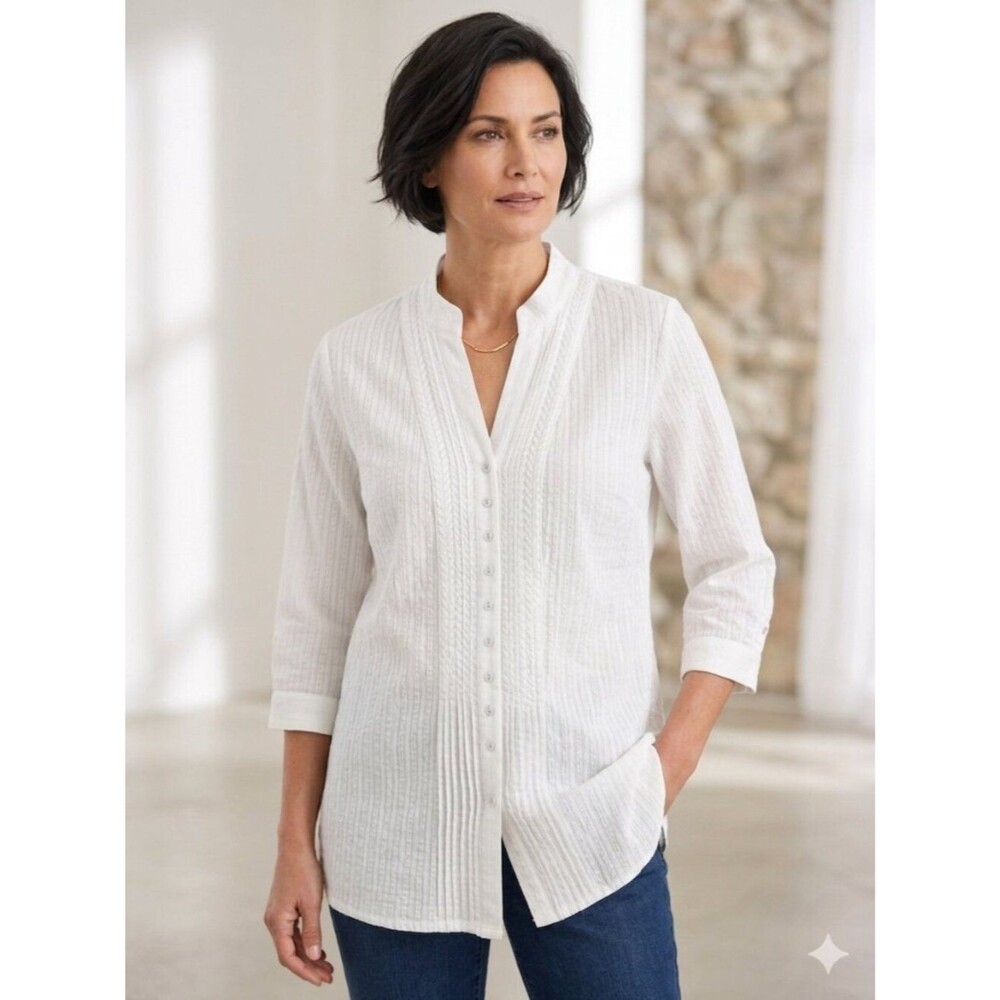 Chico's Romantic White Embroidered Pintuck Tunic Blouse NWT Size 2 (L/12)